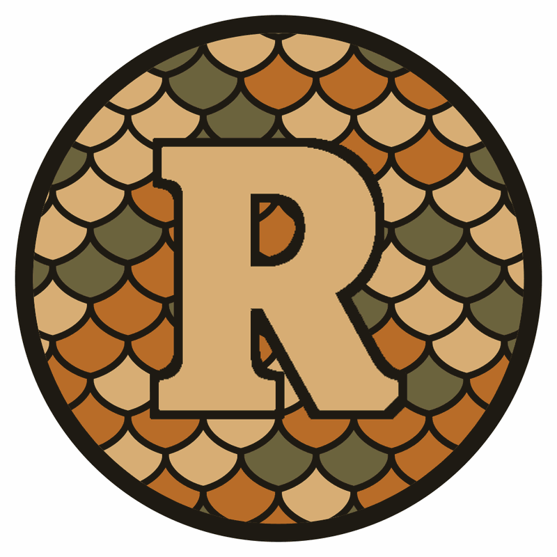 Flat top-down preview of the coin face: tan slab-serif R over olive, tan, and orange scales with dark outlines