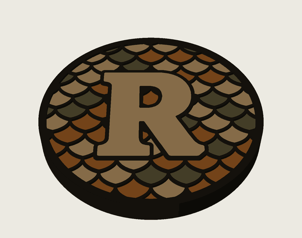 Shaded 3D render of the coin showing the raised rim, R, and scale outlines